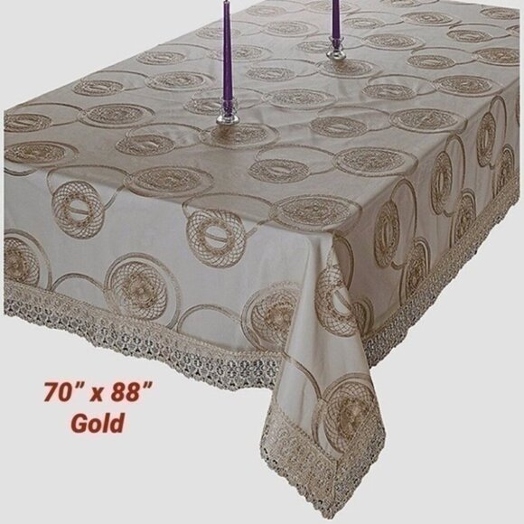 70” x 88” Sheer Glitter Gold Embroidery Tablecloth/Crochet Border - Picture 1 of 2